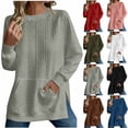 thumbnail image 1 of Plus Size Women's Loose Fit Round Neck Long Sleeve Side Button Slit Solid Color Sweatshirt Top Casual Comfortable Versatile Trendy Outfits Work Office Daily Wear | CSEONE,Black 2XL, 1 of 7