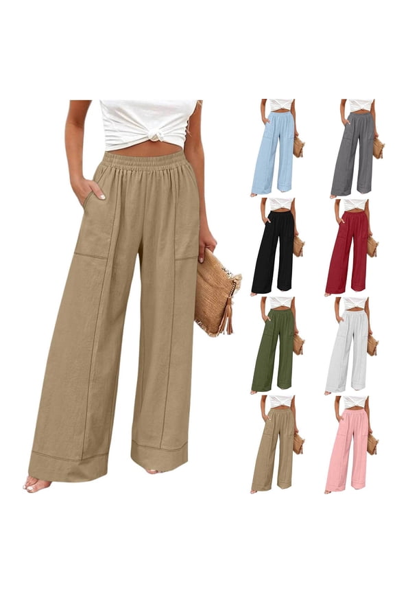 Plus Size Women's Loose Fit Straight Leg Pants with Pockets, Side Slit & Button Detail, Soft Cotton Blend for Casual Wear, Summer Essentials for Relaxed Everyday & Travel