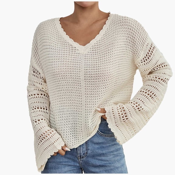 Plus Size Women's Loose Knit V Neck Top with Lace Detail Lightweight AC Sweater Casual Long Sleeve Effortless Style Comfortable Blouse