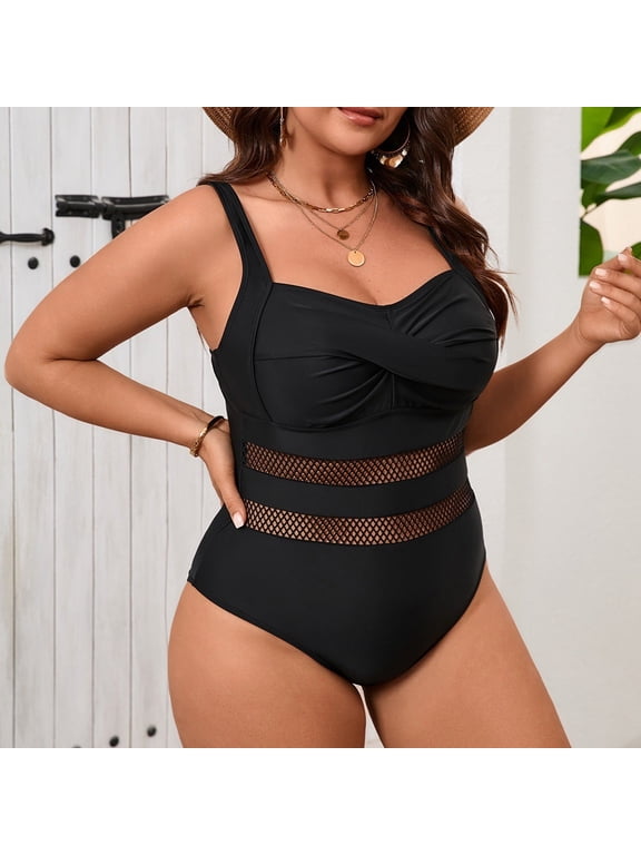 Black Plus Size Women's Mesh One Piece Swimsuit Tummy Control Bathing Suit Push Up Swim Suit Slimming Swimwear