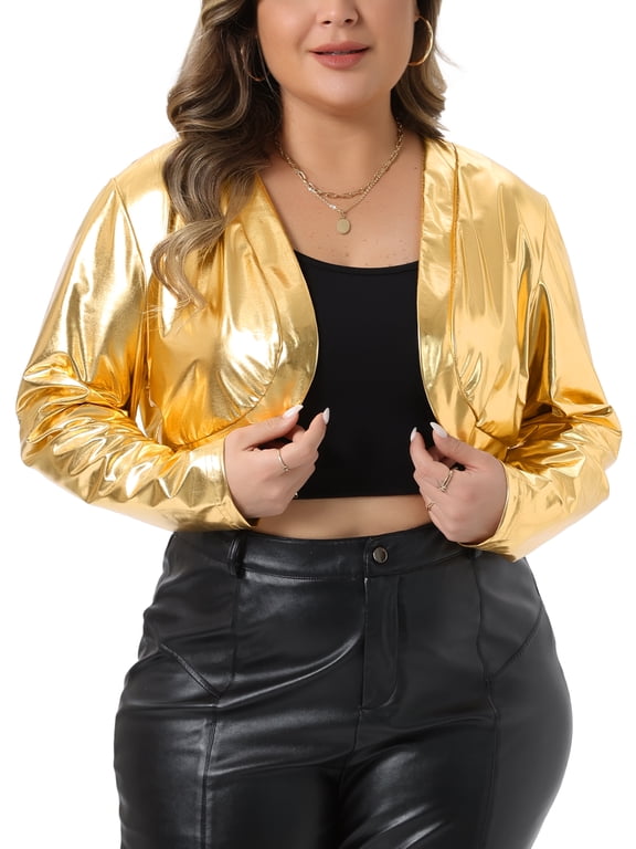 Women's Plus Size Halloween Outfits Sparkly Metallic Shrug Long Sleeve Open Front Party Cropped Bolero Jackets 4X Gold