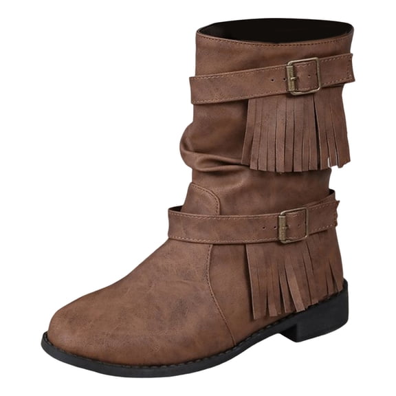 Plus Size Women's Mid-Calf Boots with Belt Tassel Solid Buckle Casual Design for Everyday Wear