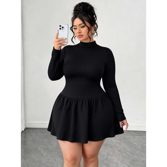 Plus Size Women's Mock Neck Long Sleeve A-Line Mini Dress, Slim Fit Flared Skater Dress for Casual Daily Wear