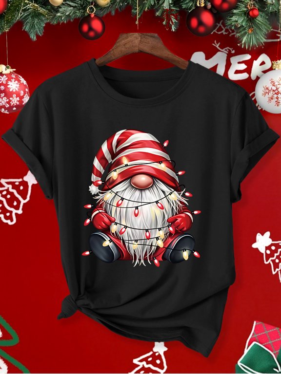 Plus Size Women's New Short Sleeve T-Shirt Red White Stripe Christmas Light Gnome Elf Print Crew Neck Oversized