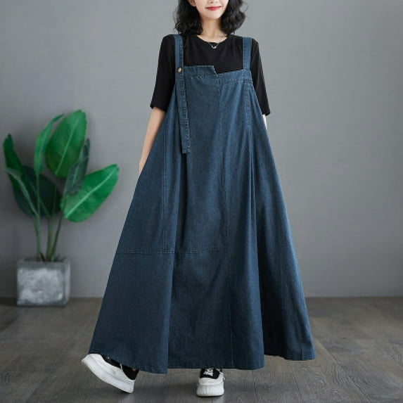 Plus Size Women's New Spring And Summer New Suspender Long Skirt Loose And Slim Denim Suspender Skirt Wide Swing Dress Causal Dresses for Women Petite Midi Dress Swing Dress with Long Sleeves Casual V
