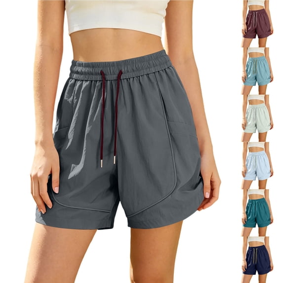 Plus Size Women's Nylon High Waisted Elastic Drawstring Workout Shorts with Pockets, Running Gym Hiking Casual Summer, Womens Athletic Shorts | UKHCCC,Gray 3XL