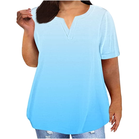 Plus Size Women's Ombre V-Neck Short Sleeve T-Shirt, Loose Fit Casual Summer Top in Gradient Color