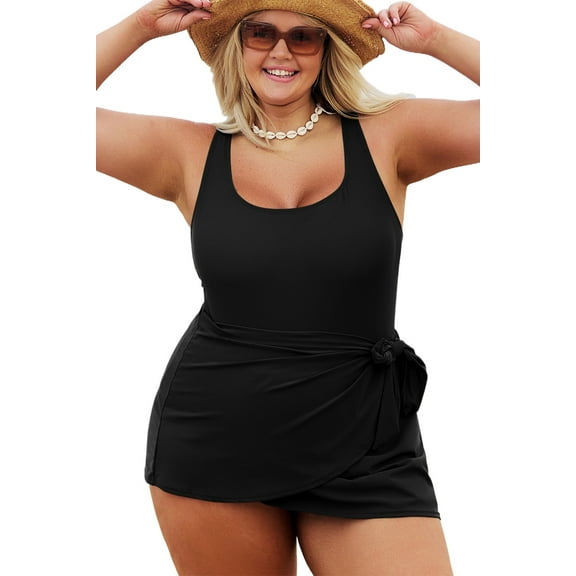 Plus Size Women's One Piece Swimwear - Stylish Square Neck with Knot Detail | [ZhiHiMeRi] | (US 18W-20W)2X