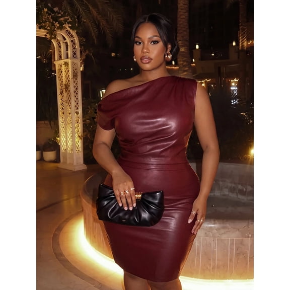 Plus Size Women's One Shoulder Faux Leather Bodycon Midi Dress, Ruched Slim Fit Cocktail Party Dress for Evening Wedding