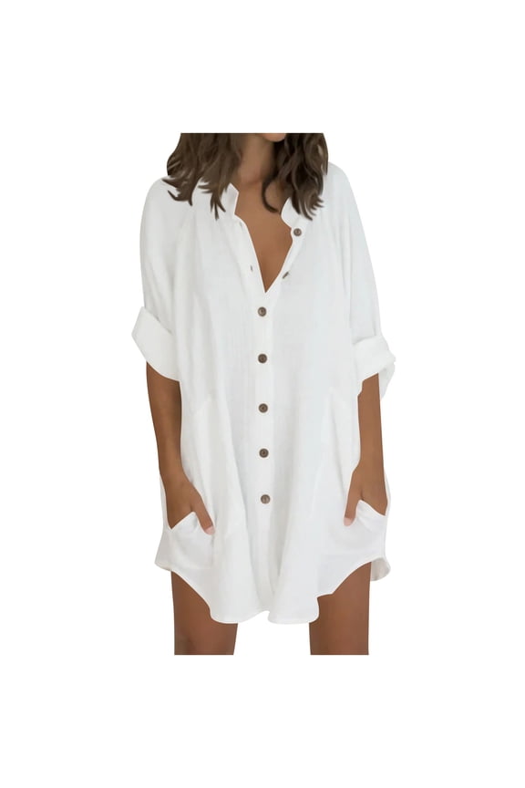Plus Size Women's Oversized Cotton Linen Shirts Long Sleeve High Low Button Up Blouses Loose Cover Up Beach Tops with Pockets