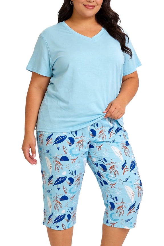 Plus Size Pajamas, PUTUO Womens Pajama Sets, Plus Size Short Sleeve V Neck Capri Pants Pajama Sets, Soft Ladies Pajamas Sleepwear Loungewear