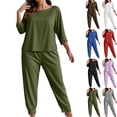 thumbnail image 1 of Plus Size Women's Pajamas Set Crew Neck Three-quarter Sleeve Top Solid Color Casual Comfy Loose 2 Piece Lounge sets Army Green XL-5XL, 1 of 5