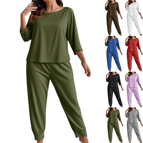 Plus Size Women's Pajamas Set Crew Neck Three-quarter Sleeve Top Solid Color Casual Comfy Loose 2 Piece Lounge sets Army Green XL-5XL