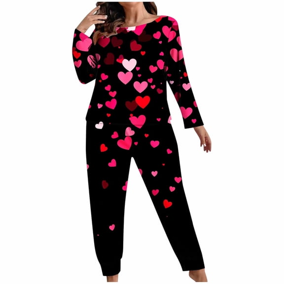 Plus Size Women's Pajamas Sets 2 Piece Long Sleeve Pj Sleepwear Trendy Love Heart Graphic Tops and Pants