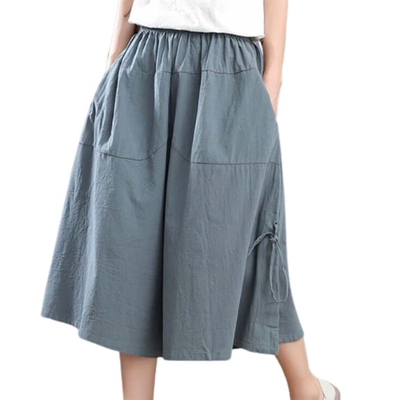 Plus Size Women's Pants Summer Loose Wide Leg Pants Elastic Waist Ladies Culottes Capri Pants Chiffon Pants
