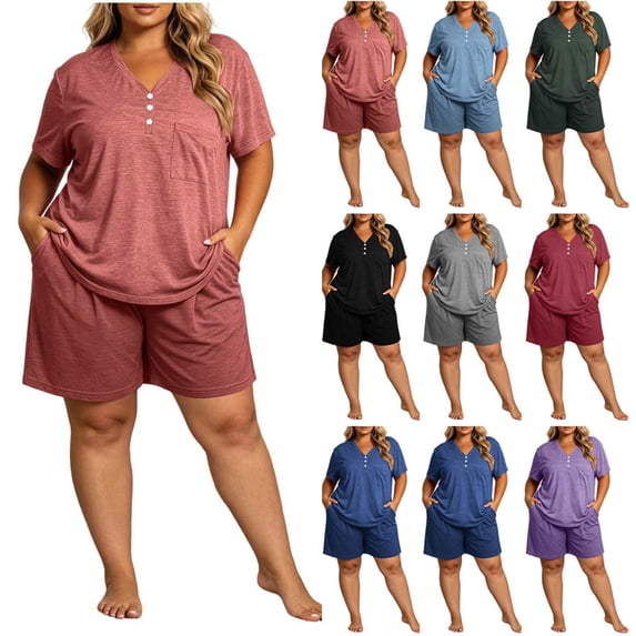 Plus Size Women's Plus Size 2 Piece Pajama Sets, V-Neck Short Sleeve Top & Drawstring Pocket Elastic Shorts, Oversized Solid Casual Home Outfit | TruHer,Army Green 2XL