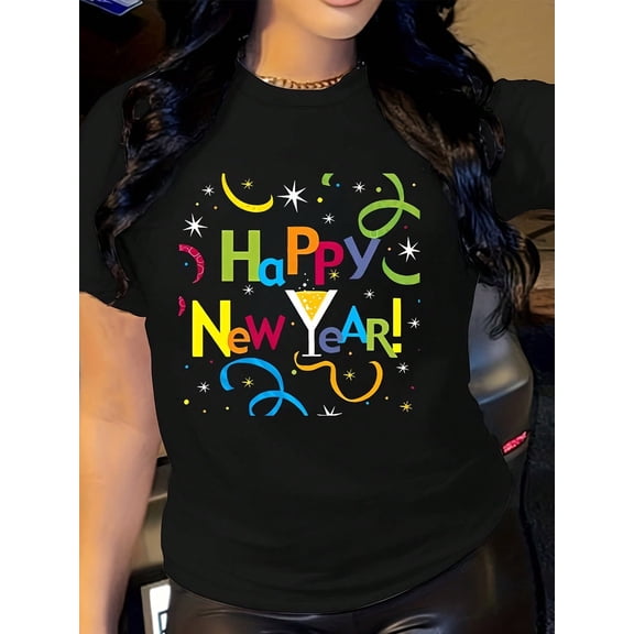 Plus Size - Women's Plus Size Happy New Year Graphic Tee - Vibrant Pink, Soft Blend, Stretchy & Machine Washable, Casual Short Sleeve Round Neck Top For SpringSummer, Festive