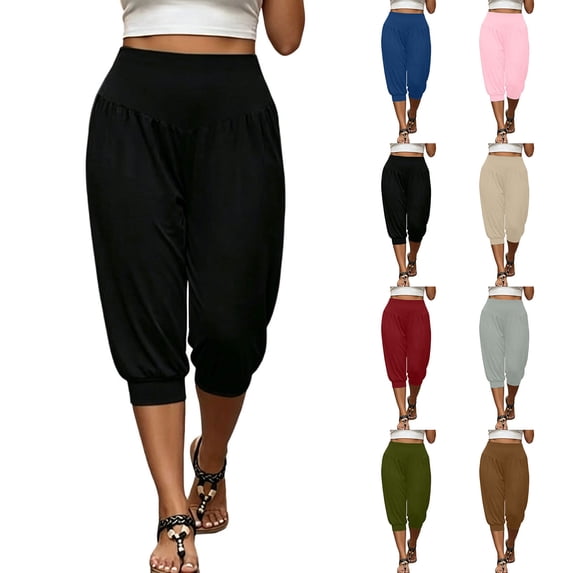 Plus Size Women's Plus Size Loose Fit Elastic Waist Pleated Casual Pants with Pockets, Dressy Trousers for Business Casual Office Summer, Mid Waisted Capri Pants for Women