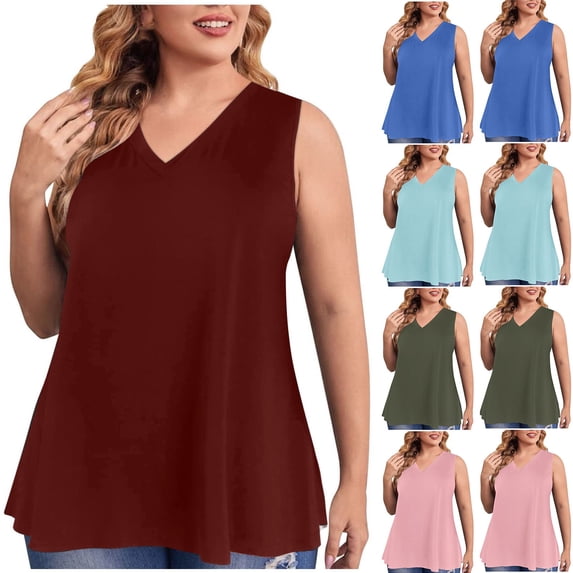 Plus Size Women's Plus Size Loose Fit Sleeveless V Neck Pullover T Shirt Blouse Comfy Breathable Casual Daily Work Outfits | CSEONE,Wine 4XL