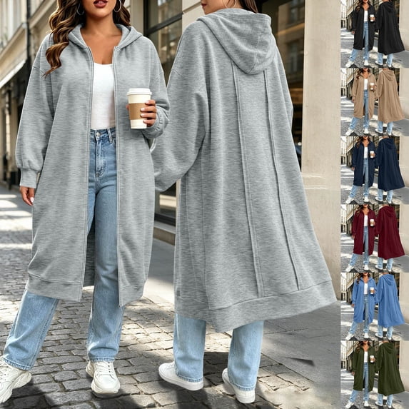 Plus Size Women's Plus Size Loose Fit Solid Color Hooded Zip Up Long Coat Jacket Outerwear Casual Trendy Outfits | CSEONE,Khaki 2XL