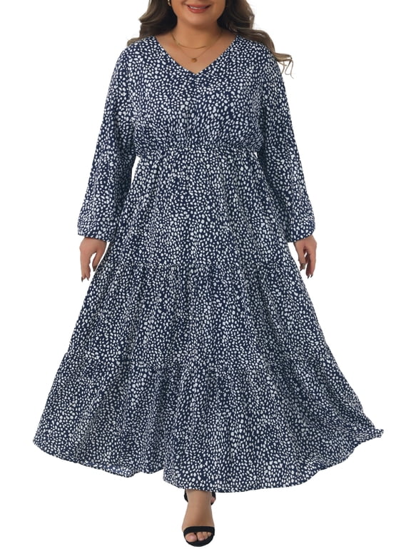 Plus Size Women's Polka Dots Long Maxi Dress Lantern Sleeve Ruffle Hem Flowy Boho Dresses 3X Navy Blue