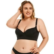 POSECA Plus Size Women's Push Up Bra, Full-Coverage Underwire Bra, Hide Back Fat Deep Cup Bra, Sculpting Uplift Bra Black 38B