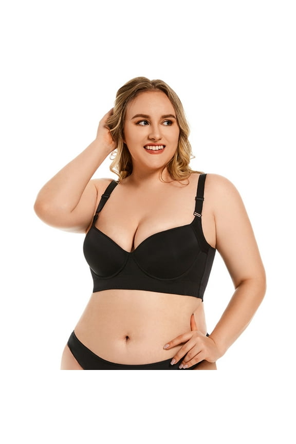 Plus Size Women's Push Up Bra, Full-Coverage Underwire Bra, Hide Back Fat Deep Cup Bra, Sculpting Uplift Bra Black 42D
