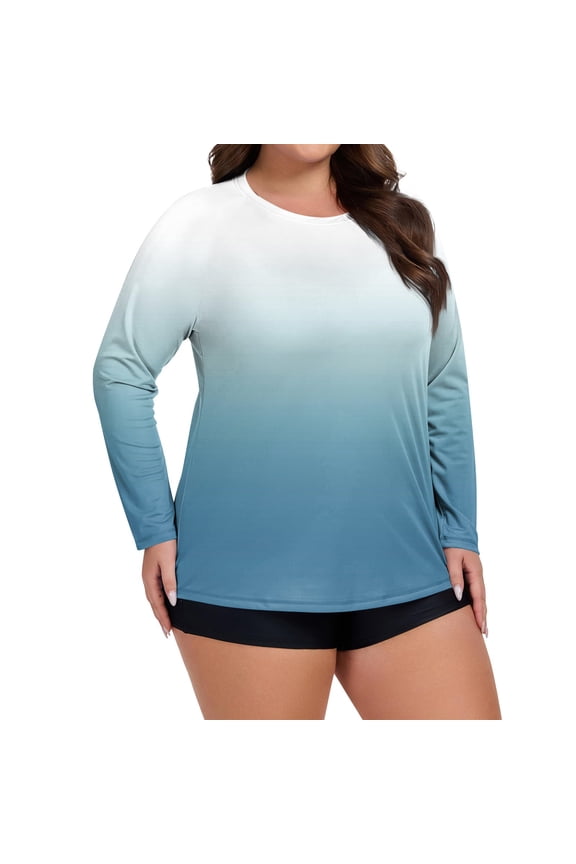 Plus Size Women's Quick-Dry Top Long Sleeve Gradient Rash Guard Shirt UV Protection Quick-Dry Top for Water Sports Beach Hiking