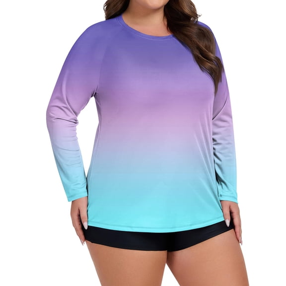 Plus Size Women's Quick-Dry Top Long Sleeve Gradient Rash Guard Shirt UV Protection Quick-Dry Top for Water Sports Beach Hiking