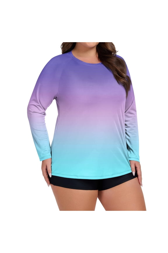 Plus Size Women's Quick-Dry Top Long Sleeve Gradient Rash Guard Shirt UV Protection Quick-Dry Top for Water Sports Beach Hiking
