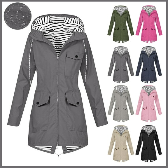 Plus Size Women's Rain Jacket, Waterproof Windbreaker with Hood, Outdoor Loose Fit Coat, Drawstring & Pockets, Hooded Windbreaker Zipper Womens Rain Jacket, Dark Gray S-3XL