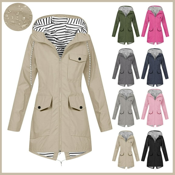 Plus Size Women's Rain Jacket, Waterproof Windbreaker with Hood, Outdoor Loose Fit Coat, Drawstring & Pockets, Hooded Windbreaker Zipper Womens Rain Jacket, Khaki S-3XL