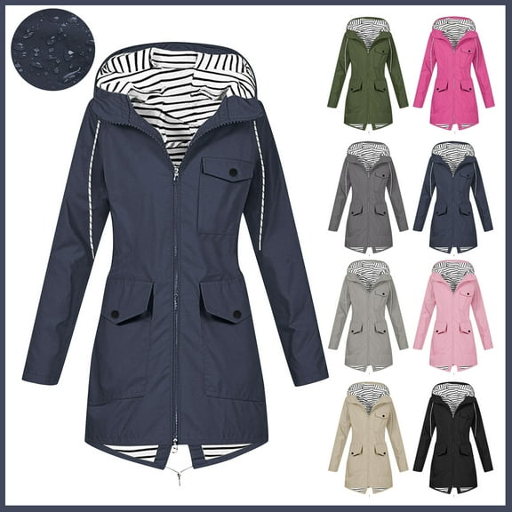 Plus Size Women's Rain Jacket, Waterproof Windbreaker with Hood, Outdoor Loose Fit Coat, Drawstring & Pockets, Hooded Windbreaker Zipper Womens Rain Jacket, Navy S-3XL