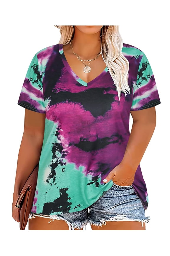 Plus Size Women's Rainbow Tie Dye T-shirts 2X V Neck Tops Summer Shirts Short Sleeve Loose Fit Pullover
