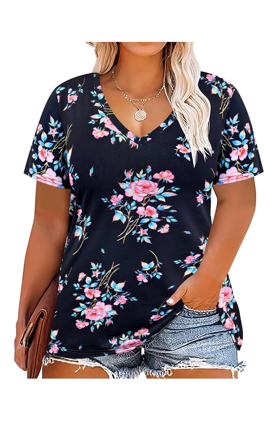 Plus Size Women's Rainbow Tie Dye T-shirts 2X V Neck Tops Summer Shirts Short Sleeve Loose Fit Pullover