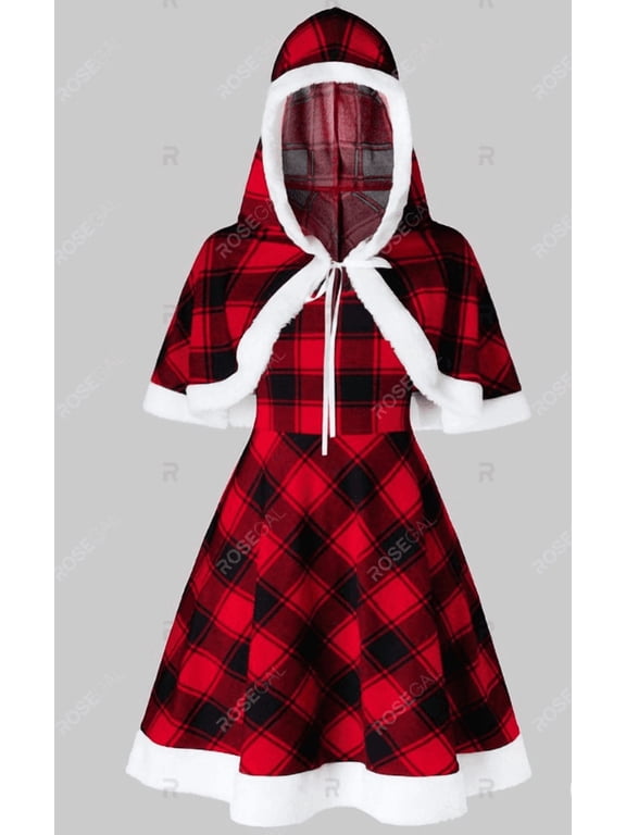 Plus Size Women's Red Black Buffalo Plaid Faux Fur Trim Hooded Capelet Attached A-Line Midi Swing Dress