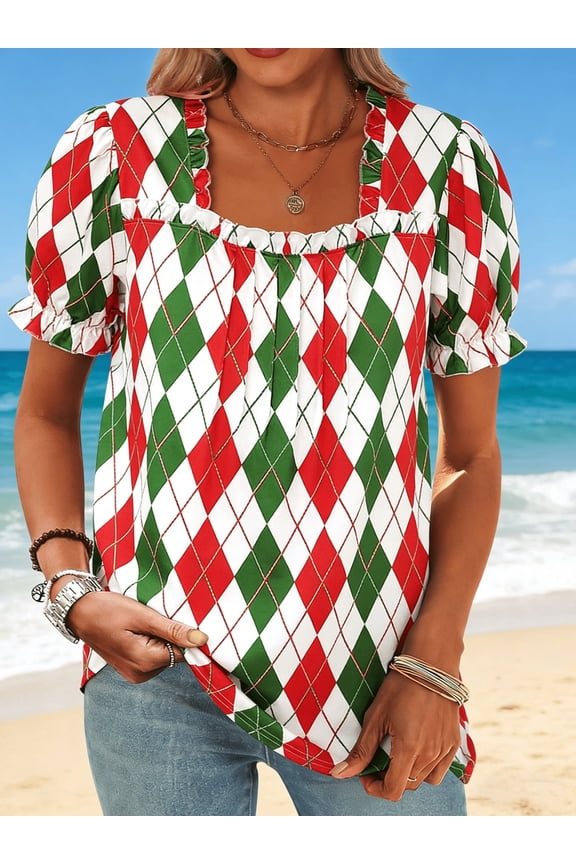 Plus Size Women's Red Green Argyle Print Square Neck Blouse, Short Sleeve Ruffle Trim Casual Christmas Top