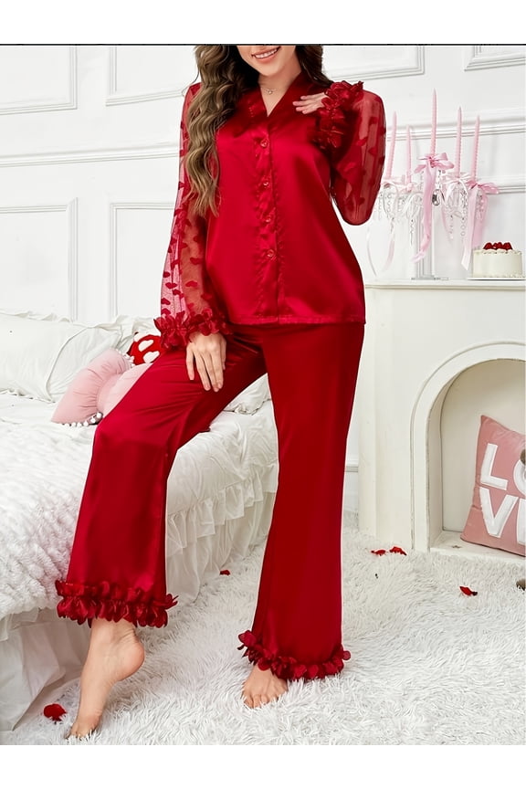 Plus Size Women's Red Satin Pajama Set, Long Sleeve Sheer Mesh Heart Sleepwear with Ruffle Trim, Button-Down Loungewear Pants Set