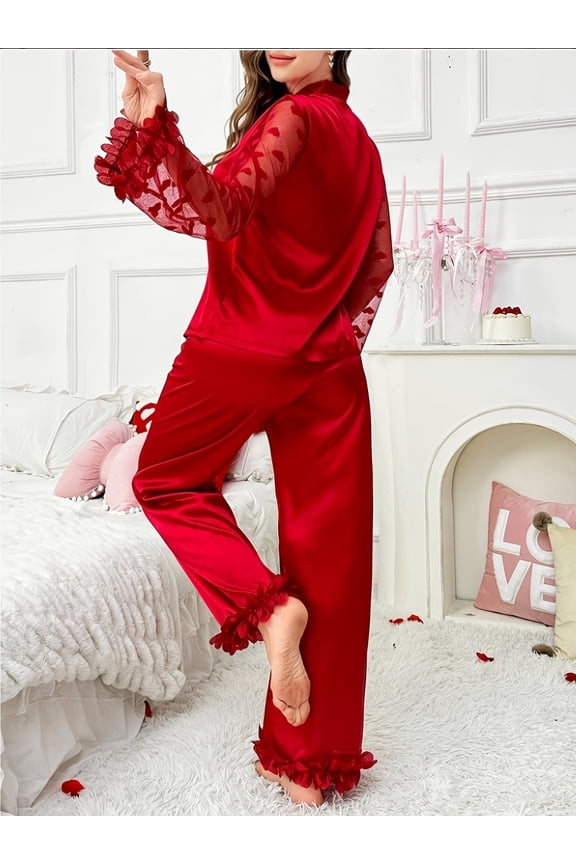 Plus Size Women's Red Satin Pajama Set, Long Sleeve Sheer Mesh Heart Sleepwear with Ruffle Trim, Button-Down Loungewear Pants Set