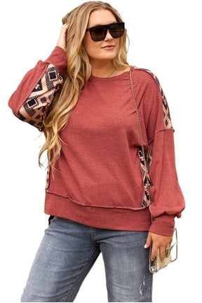 Plus Size Women's Redwood Burl Aztec Patchwork Drop Shoulder Sweatshirt | [ZhiHiMeRi] | (US 26W-28W)4X