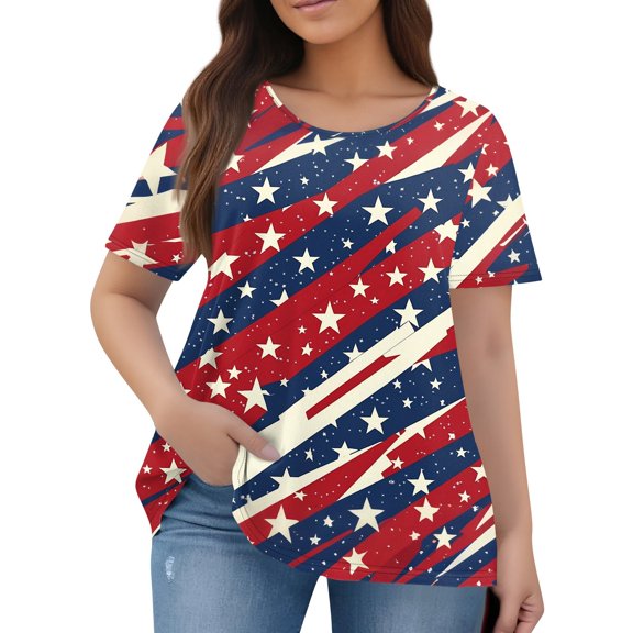 Plus Size Women's Relaxed Fit Casual Top with Independence Day Design - Short Sleeve Round Neck Blouse for Summer, Holiday Events & Everyday Comfort,Watermelon Red L