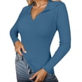 thumbnail image 1 of Plus Size Women's Ribbed Knit Polo Shirt Slim Fit Stretchy Long Sleeve V Neck Lapel Solid Color Sweater Lightweight Casual Office Tops Blue M, 1 of 5