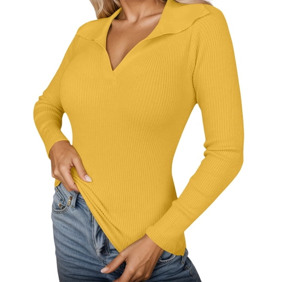 Plus Size Women's Ribbed Knit Polo Shirt Slim Fit Stretchy Long Sleeve V Neck Lapel Solid Color Sweater Lightweight Casual Office Tops Yellow M