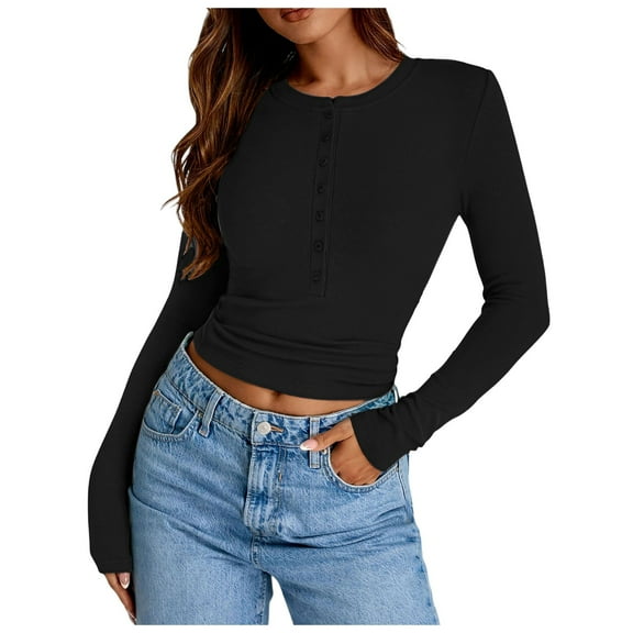 Plus Size Women's Ribbed Long Sleeve V Neck Button Down Casual T-Shirt Top Comfortable Stretchy Basic Tee Shirt