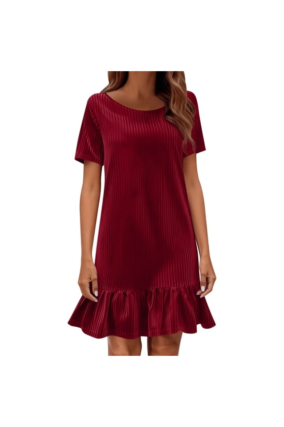 Plus Size Women's Ribbed Velvet Ruffled Hem Mini Dress Round Neck Short Sleeve Solid Casual T-Shirt Dress Cocktail Party Shift Dress Red
