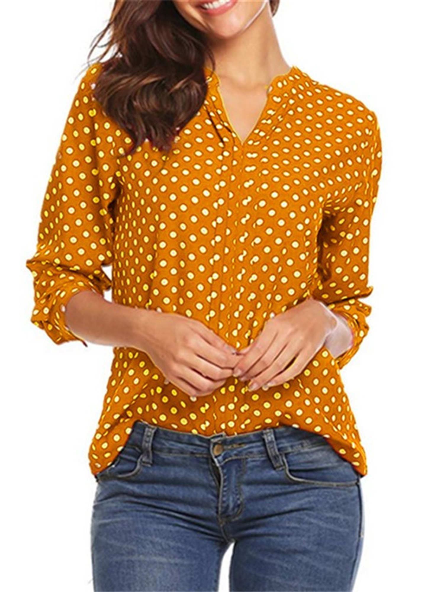 Plus Size Women's Roll Tab Sleeve Tunic Loose T-Shirts Split Neck Tops Polka Dots Printed Casual Tunic Long Sleeve Shirt Tops for Womens Ladies Juniors - image 1 of 2