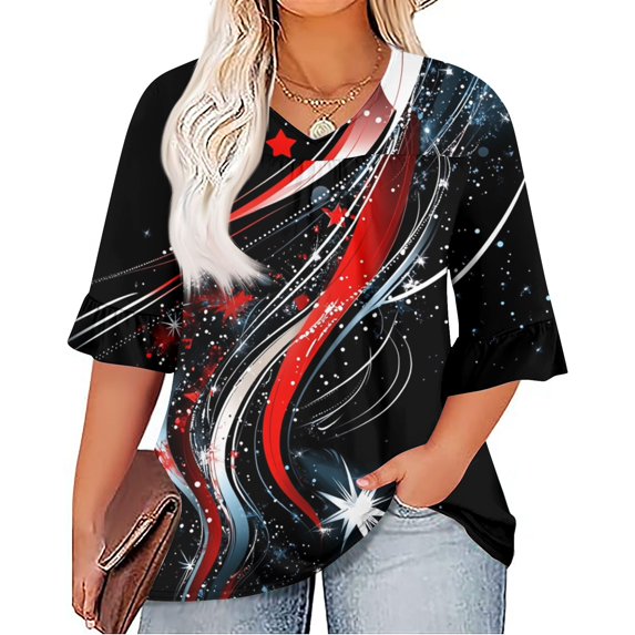 Plus Size Women's Ruffled Three-Quarter Sleeve V-Neck T-Shirt - Patriotic Print Casual Top for Summer, Date Nights & 4th of July Events ,Black 2XL