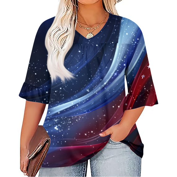 Plus Size Women's Ruffled Three-Quarter Sleeve V-Neck T-Shirt - Patriotic Print Casual Top for Summer, Date Nights & 4th of July Events ,Blue XL