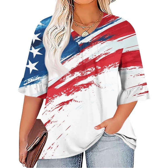 Plus Size Women's Ruffled Three-Quarter Sleeve V-Neck T-Shirt - Patriotic Print Casual Top for Summer, Date Nights & 4th of July Events ,Hot Pink 3XL