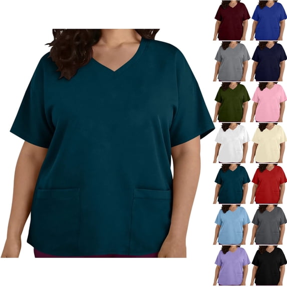 Plus Size Women's Scrub Top - Solid Color V-Neck Short Sleeve Medical Workwear Shirt with Pockets, Medical Work Uniform for Healthcare, Nursing, Hospital, for Nurses & Healthcare Workers,L-4XL